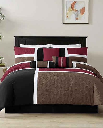 Chezmoi Collection Upland 7-Piece Quilted Patchwork Comforter Set, Burgundy/Black/Brown, California King - LeafyLoom