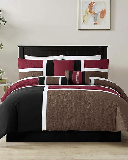 Chezmoi Collection Upland 7-Piece Quilted Patchwork Comforter Set, Burgundy/Black/Brown, Queen - LeafyLoom