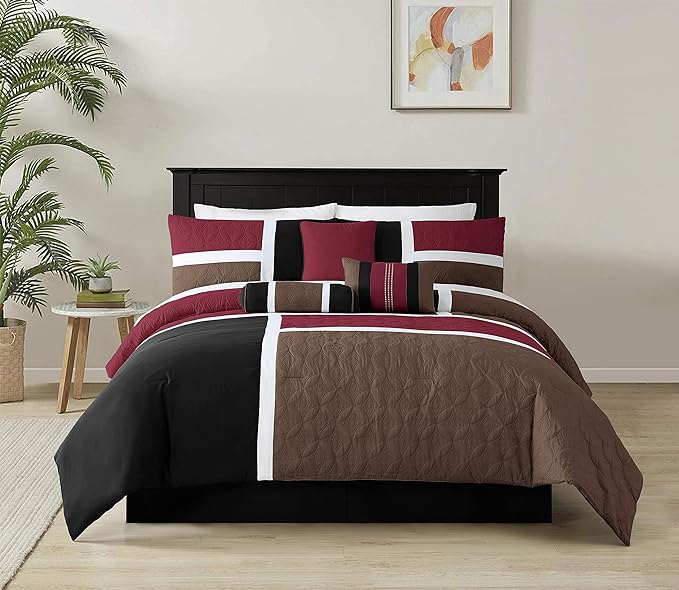 Chezmoi Collection Upland 7-Piece Quilted Patchwork Comforter Set, Burgundy/Black/Brown, Queen - LeafyLoom