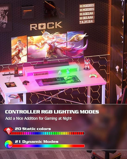 armocity Computer Desk with LED, Gaming Desk with Outlets, 40 Reversible Laptop Table with Monitor Stand, Small Desk for Small Spaces, Pink - LeafyLoom