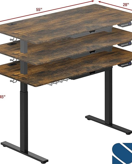 SHW 55-Inch Large Electric Height Adjustable Standing Desk, 55 x 28 Inches, Rustic Brown - LeafyLoom