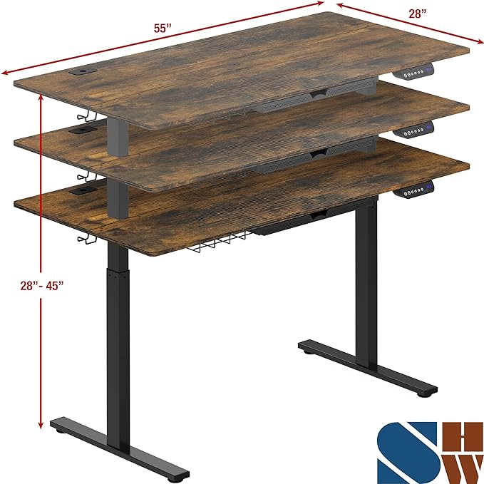 SHW 55-Inch Large Electric Height Adjustable Standing Desk, 55 x 28 Inches, Rustic Brown - LeafyLoom