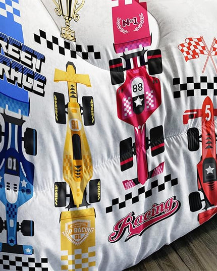 Axolotl Racing Car Comforter Set Queen Size,Colorful Sports Car Bedding Set for Kids Boys Teen Adult,Extreme Speed Race Bedding Sets Car Theme Bedroom Decor with 1 Comforter and 2 Pillowcases - LeafyLoom