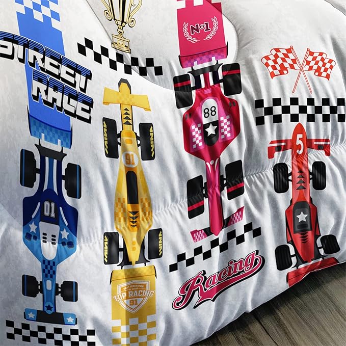Axolotl Racing Car Comforter Set Queen Size,Colorful Sports Car Bedding Set for Kids Boys Teen Adult,Extreme Speed Race Bedding Sets Car Theme Bedroom Decor with 1 Comforter and 2 Pillowcases - LeafyLoom