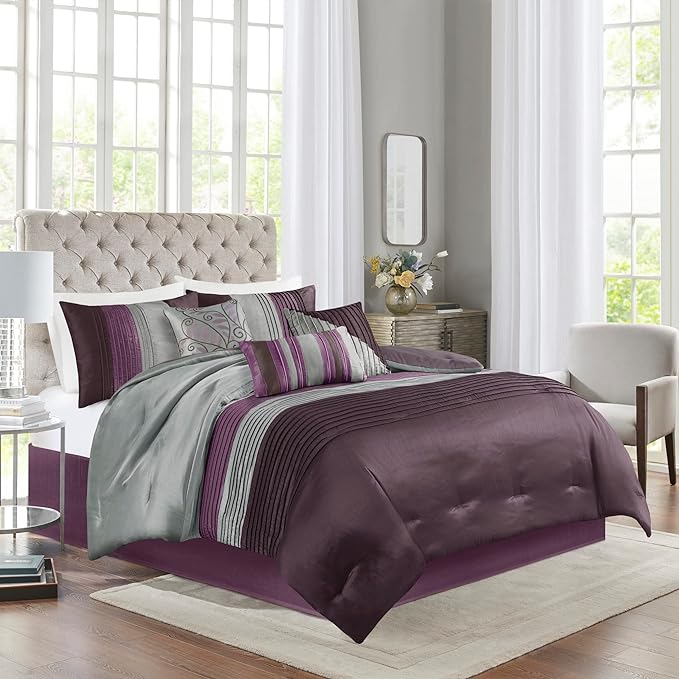 Madison Park Amherst Faux Silk Comforter Set-Casual Contemporary Design All Season Down Alternative Bedding, Matching Shams, Bedskirt, Decorative Pillows, King(104"x92"), Purple, 7 Piece (MP10-127) - LeafyLoom
