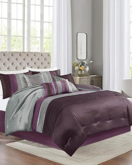 Madison Park Amherst Faux Silk Comforter Set-Casual Contemporary Design All Season Down Alternative Bedding, Matching Shams, Bedskirt, Decorative Pillows, Queen (90 in x 90 in), Purple, 7 Piece - LeafyLoom