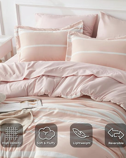 Bedsure Bed in a Bag King Size 7 Pieces, Light Pink White Striped Bedding Comforter Sets All Season Bed Set, 2 Pillow Shams, Flat Sheet, Fitted Sheet and 2 Pillowcases - LeafyLoom