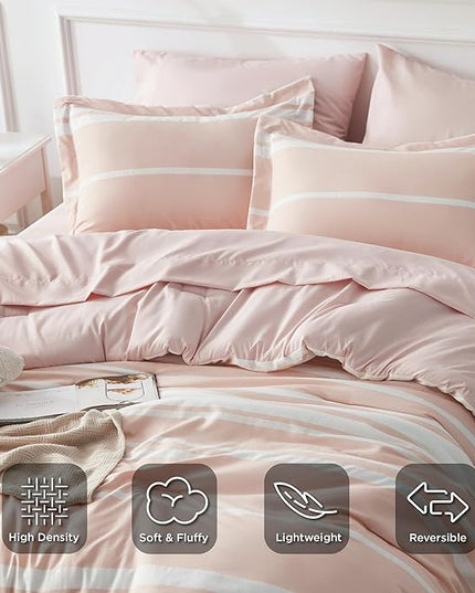Bedsure Light Pink Comforter Set Queen 7 Pieces, Light Pink White Striped Bedding Sets All Season Bed in a Bag, 2 Pillow Shams, Flat Sheet, Fitted Sheet and 2 Pillowcases - LeafyLoom