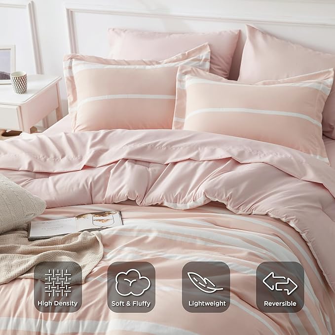 Bedsure Bed in a Bag Twin Size 5 Pieces, Light Pink White Striped Bedding Comforter Sets All Season Bed Set with 1 Pillow Sham, Flat Sheet, Fitted Sheet and 1 Pillowcase - LeafyLoom