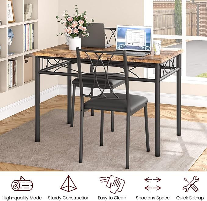 Dining Table Set, 5 Piece Dining Table set for 4, Rectangle Kitchen Table Set with 4 Upholstered Chairs, Dining Table Set for Small Space, Apartment, Retro Brown - LeafyLoom
