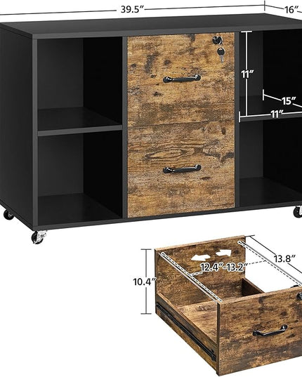 Yaheetech Filing Cabinet Lateral File Cabinet with 2 Drawer and 4 Open Compartments for Letter Size A4 Size, Printer Stand for Home Office, Black/Rustic Brown - LeafyLoom