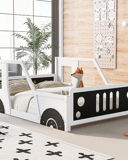 Full Size Classic Car-Shaped Platform Bed with Wheels,Wooden Floor Bedframe W/Door Design,Fun Play Toy Car Furniture for Boys Kids Toddlers Child's Bedroom,White - LeafyLoom