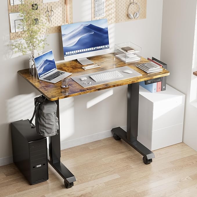 Electric Standing Desk 40 Inch, Ergonomic Height Adjustable Table with T-Shaped Metal Bracket Modern Computer Workstations for Home Office, Rustic Brown, 40 x 24 Inch - LeafyLoom