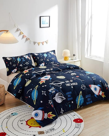 beeweed 2 Piece Kid Comforter Set Twin Size, Space Rocket Bedding Set for Teen Boys Girls - LeafyLoom