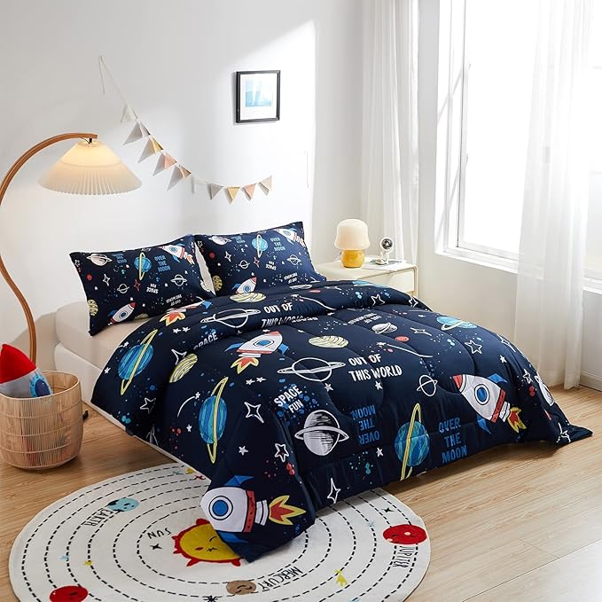beeweed 2 Piece Kid Comforter Set Twin Size, Space Rocket Bedding Set for Teen Boys Girls - LeafyLoom
