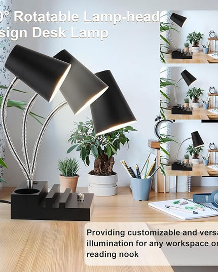 Study Desk Lamp with USB Charging and Type-C Night Light, Gooseneck LED Table Lamp Stepless Dimming Study Table Lamp with Pen Holder for College Dorm Bedroom and Office (Black) - LeafyLoom