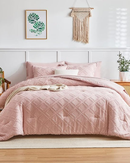 7 Pieces Tufted Bed in a Bag King Comforter Set with Sheets Blush, Soft and Embroidery Shabby Chic Boho Bohemian, Luxury Solid Color with Diamond Pattern, Jacquard Tufts Bedding Set for All Season - LeafyLoom