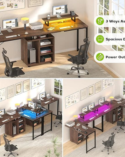 Cyclysio L Shaped Gaming Desk with Wood Cabinet, 58" Large Corner Desk with LED Lights & Power Outlet, Reversible Computer Desk with Monitor Stand, Home Office Desk 2 Person Corner Desk,Rustic Walnut - LeafyLoom