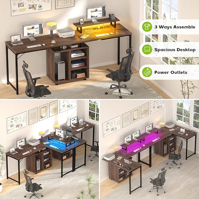 Cyclysio L Shaped Gaming Desk with Wood Cabinet, 58" Large Corner Desk with LED Lights & Power Outlet, Reversible Computer Desk with Monitor Stand, Home Office Desk 2 Person Corner Desk,Rustic Walnut - LeafyLoom