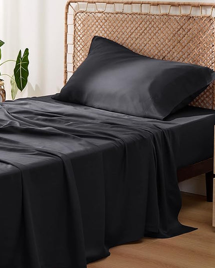 Bedsure Twin XL Sheet Set Dorm Bedding, Cooling Sheets Twin Extra Long Sheets, Rayon Derived from Bamboo, Deep Pocket Up to 16", Hotel Luxury Silky Bedding Sheets & Pillowcases, Black - LeafyLoom