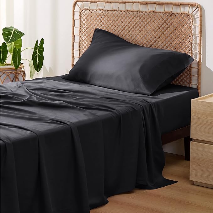 Bedsure Twin Sheets Set, Cooling Sheets Twin Size Bed Set, Rayon Derived from Bamboo, Twin Size Sheets, Breathable & Soft Bed Sheets, Hotel Luxury Silky Bedding Sheets & Pillowcases, Black - LeafyLoom