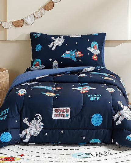 beeweed 5 Piece Kid Comforter Set Twin Size, Space Rocket & Astronaut Bedding Set for Teen Boys Girls - LeafyLoom