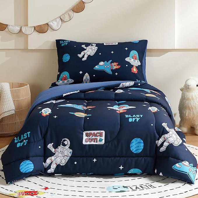 beeweed 5 Piece Kid Comforter Set Twin Size, Space Rocket & Astronaut Bedding Set for Teen Boys Girls - LeafyLoom
