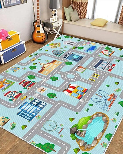Kids Car Rug, 5' 3" x8' City Life Traffic Road Playmat for Toy Cars Trains, Non-Slip Race Track Carpet Educational Fun Area Rugs for Boy and Girl Bedroom Nursery - LeafyLoom