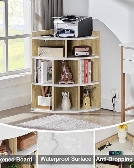 Vecelo Corner Cabinet with Charging Station, 3-Tier Cube Storage Organizer with USB Ports and Outlets, Triangle Bookcases Corner Shelf with 8 Cubbies for Playroom, Bedroom, Living Room, Marble White - LeafyLoom