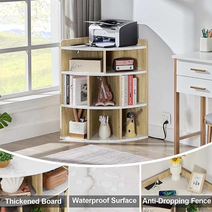 Vecelo Corner Cabinet with Charging Station, 3-Tier Cube Storage Organizer with USB Ports and Outlets, Triangle Bookcases Corner Shelf with 8 Cubbies for Playroom, Bedroom, Living Room, Marble White - LeafyLoom