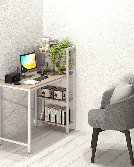 4NM 35" Small Computer Desk with 4-Tier Bookshelf, Home Office Desk Writing Workstation Study Table Multipurpose for Small Space Work - Natural and White - LeafyLoom