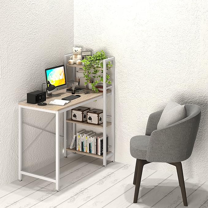 4NM 35" Small Computer Desk with 4-Tier Bookshelf, Home Office Desk Writing Workstation Study Table Multipurpose for Small Space Work - Natural and White - LeafyLoom