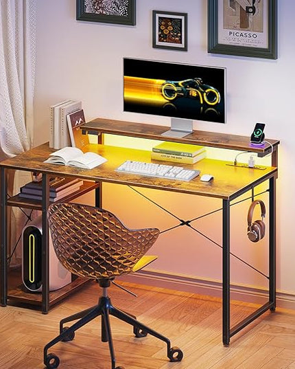 MOTPK Small Computer Desk with Led Lights & Power Outlet, 40 Inch Reversible Writing Desk with Shelves, Kids Desk with Adjustable Monitor Stand & Headphone Hook, Work Desk for Home Office, Brown - LeafyLoom