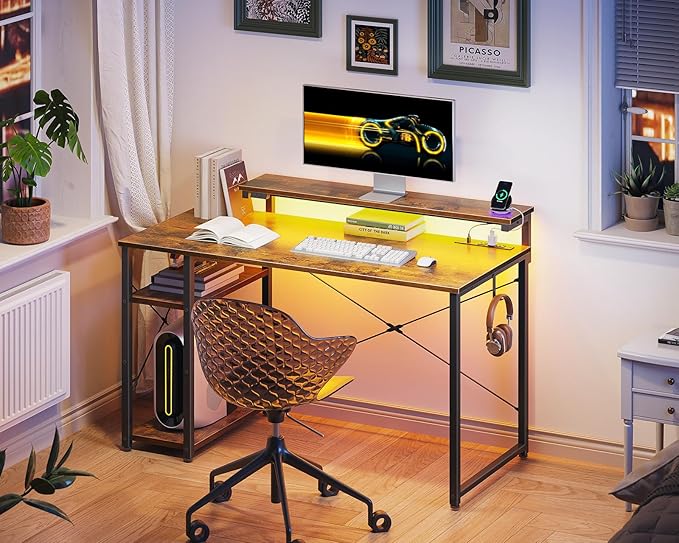 MOTPK Small Computer Desk with Led Lights & Power Outlet, 40 Inch Reversible Writing Desk with Shelves, Kids Desk with Adjustable Monitor Stand & Headphone Hook, Work Desk for Home Office, Brown - LeafyLoom