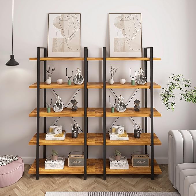 Tall Bookshelf with Large Storage,5 Tier Bookcase in Bedroom,Living Room and Office,Modern Wide Bookcase Shelf for Storing Books/Plants,Brown - LeafyLoom