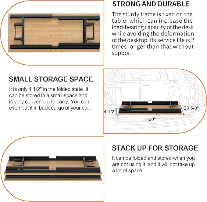 SDHYL Folding Desk, 60inch No Assembly Folding Desks for Small Spaces Sturdy Computer Desk, Functional Home Office Desks, Study Writing Desk Office Table Workstation for Home Office, Oak - LeafyLoom