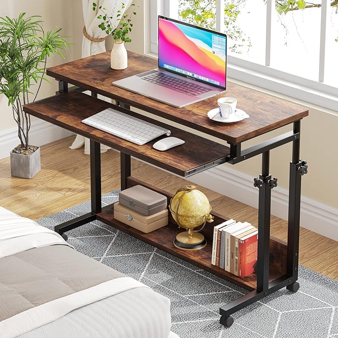 Tribesigns Portable Desk for Sofa and Bed, Height Adjustable Laptop Table Small Standing Desk Rolling Computer Cart with Keyboard Tray on Wheels for Home Office - LeafyLoom