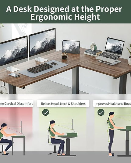 FEZIBO Triple Motor L-Shaped Electric Standing Desk, 63 Inches Height Adjustable Stand up Corner Desk, Sit Stand Workstation with Splice Board, Black Frame/Black Walnut Top - LeafyLoom
