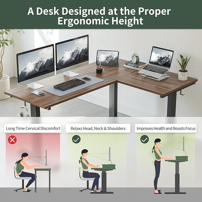 FEZIBO Triple Motor L-Shaped Electric Standing Desk, 63 Inches Height Adjustable Stand up Corner Desk, Sit Stand Workstation with Splice Board, Black Frame/Black Walnut Top - LeafyLoom