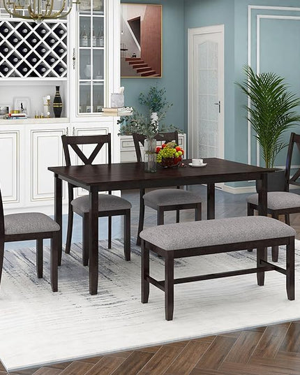 Farmhouse 6-Piece Wood Rectangular Dining Table Set with Bench and 4 Upholstered Chairs for Kitchen, Breakfast Nook, Living Room, Espresso, 60" L x 36" W x 30" H - LeafyLoom