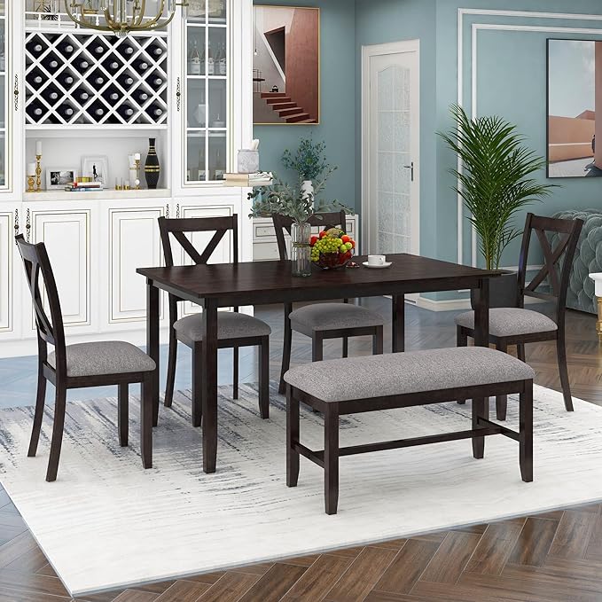 Farmhouse 6-Piece Wood Rectangular Dining Table Set with Bench and 4 Upholstered Chairs for Kitchen, Breakfast Nook, Living Room, Espresso, 60" L x 36" W x 30" H - LeafyLoom