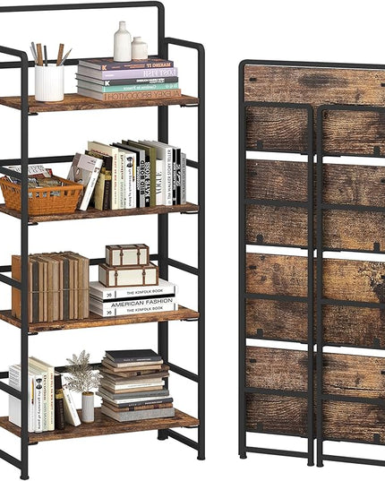 4NM No-Assembly 4 Tiers Folding Bookshelf Storage Shelves Vintage Bookcase Standing Racks Study Organizer Home Office (Rustic Brown and Black) - LeafyLoom