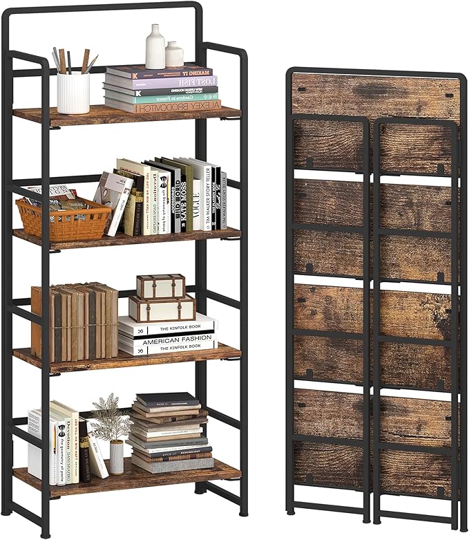4NM No-Assembly 4 Tiers Folding Bookshelf Storage Shelves Vintage Bookcase Standing Racks Study Organizer Home Office (Rustic Brown and Black) - LeafyLoom