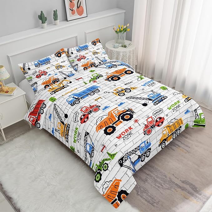 Axolotl Construction Comforter Set Queen,Excavator Bedding Set,Construction Vehicles Comforter Set,Excavator Comforter,Excavator Tractor Trucks Bedding Set for Kids Boys Teens,1 Quilt 2 Pillowcases - LeafyLoom