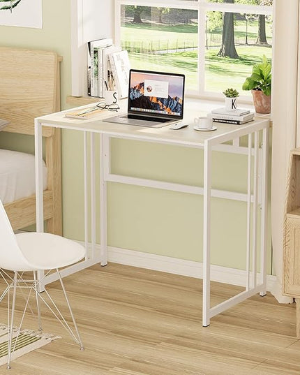 Folding Desk 32'' Computer Desk No Assembly Required Foldable Table Space Saving Writing Workstation for Home Office (Beige, White) - LeafyLoom