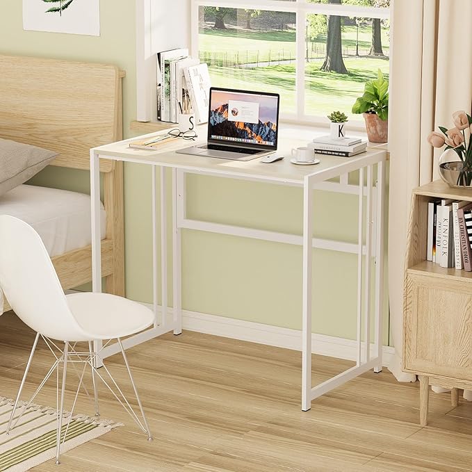 Folding Desk 32'' Computer Desk No Assembly Required Foldable Table Space Saving Writing Workstation for Home Office (Beige, White) - LeafyLoom