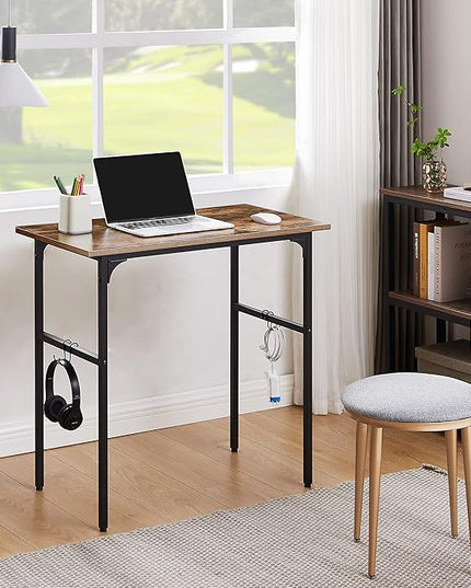 VECELO 32" Computer Writing Desk for Home Office, Study Table Workstation for Small Spaces with 4 Hooks & Adjustable Legs, Metal Frame,Brown, 32Inches - LeafyLoom