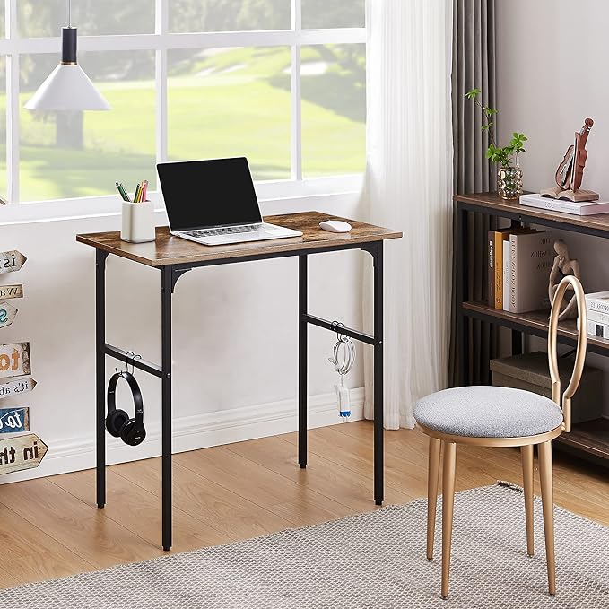 VECELO 32" Computer Writing Desk for Home Office, Study Table Workstation for Small Spaces with 4 Hooks & Adjustable Legs, Metal Frame,Brown, 32Inches - LeafyLoom