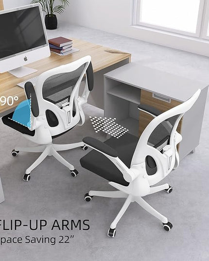 Office Chair - Ergonomic Office Chair with Lumbar Support & Flip Up Arms Home Office Desk Chairs Rockable High Back Swivel Computer Chair White Frame & Black Mesh Study Chair - LeafyLoom