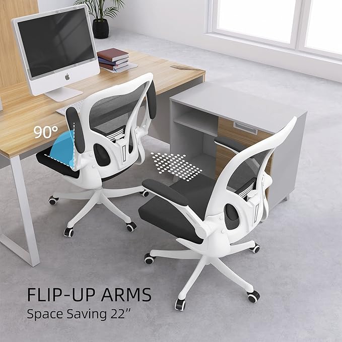 Office Chair - Ergonomic Office Chair with Lumbar Support & Flip Up Arms Home Office Desk Chairs Rockable High Back Swivel Computer Chair White Frame & Black Mesh Study Chair - LeafyLoom